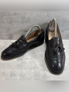 Vintage Christian Dior Black Leather Wingtip Tassel Loafers Womens 8 Mens 7